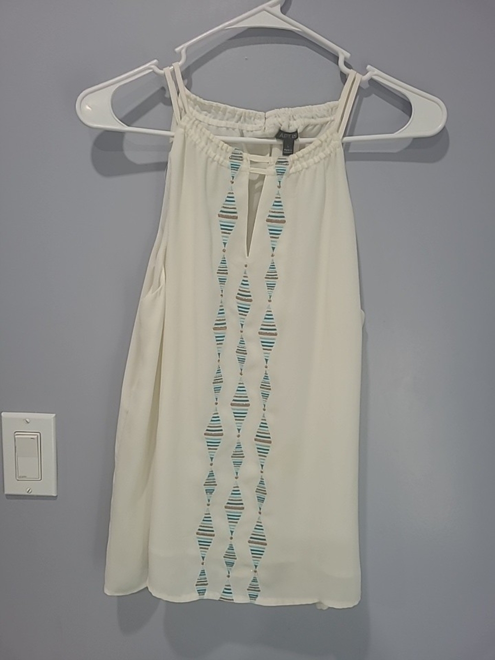 Apt. 9 Cream Halter Tank with Teal Stripe Embroidery